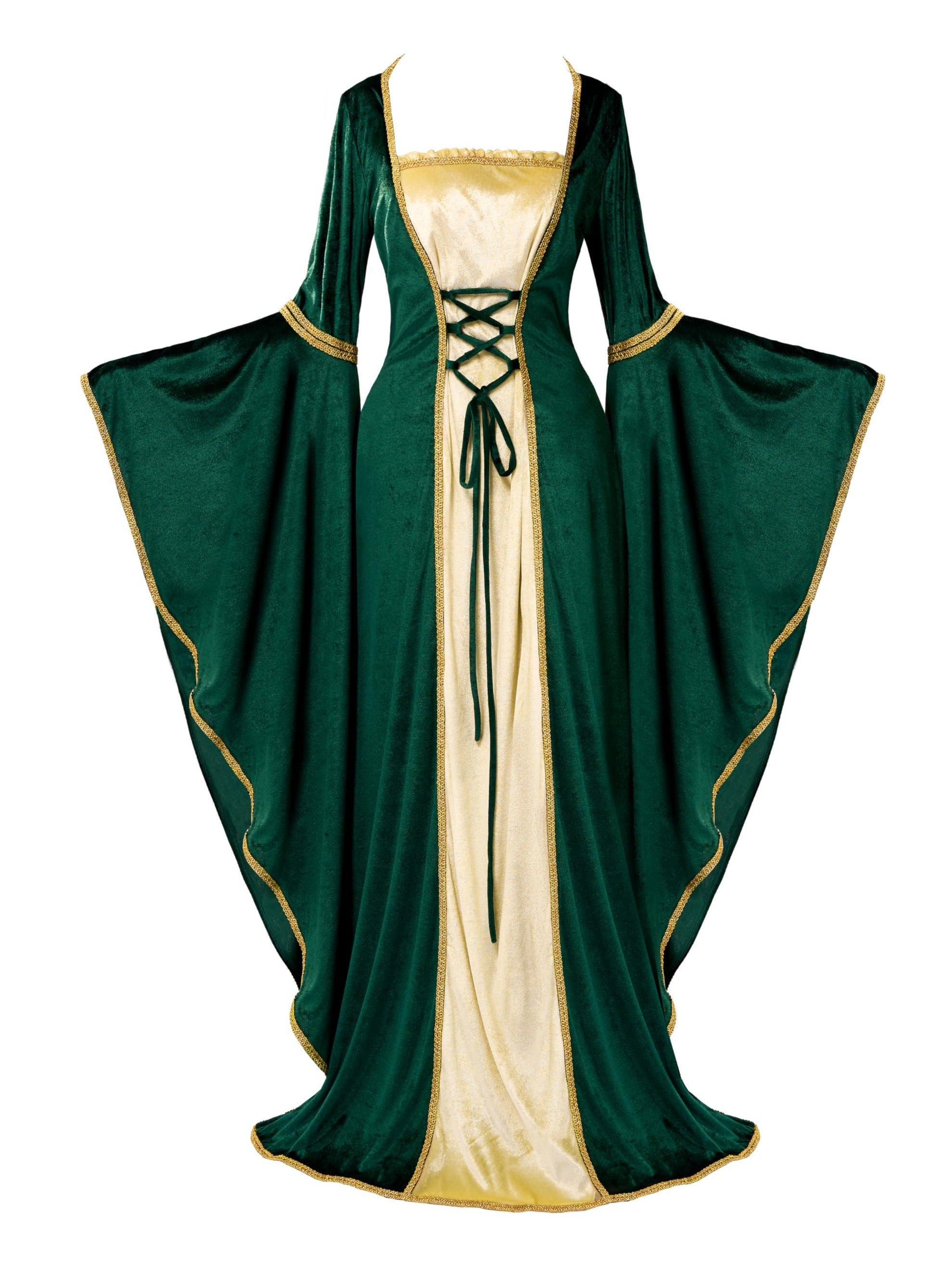Robe Renaissance Irlandaise Verte - Costume Médiéval Encolure Carrée