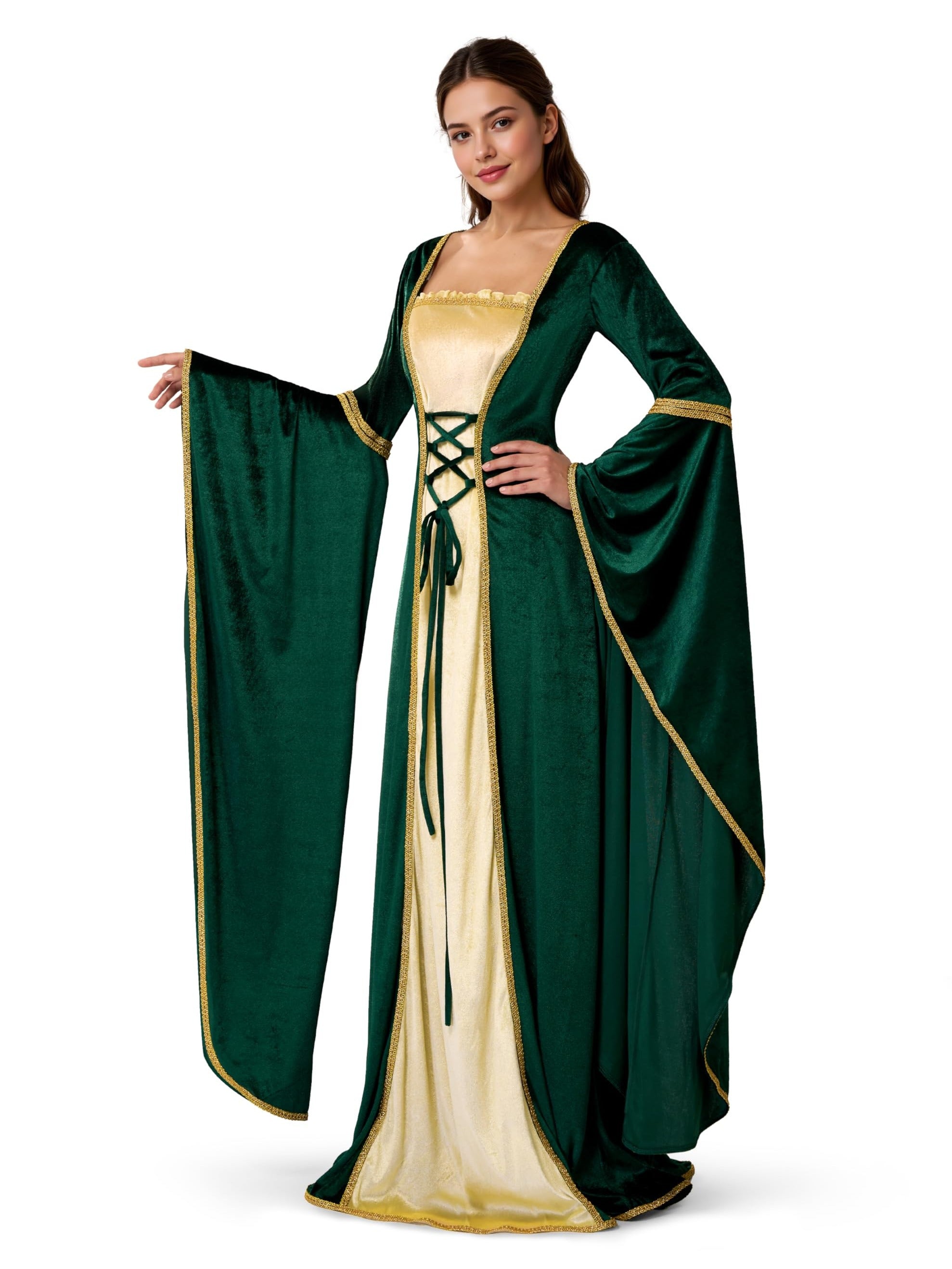 Robe Renaissance Irlandaise Verte - Costume Médiéval Encolure Carrée