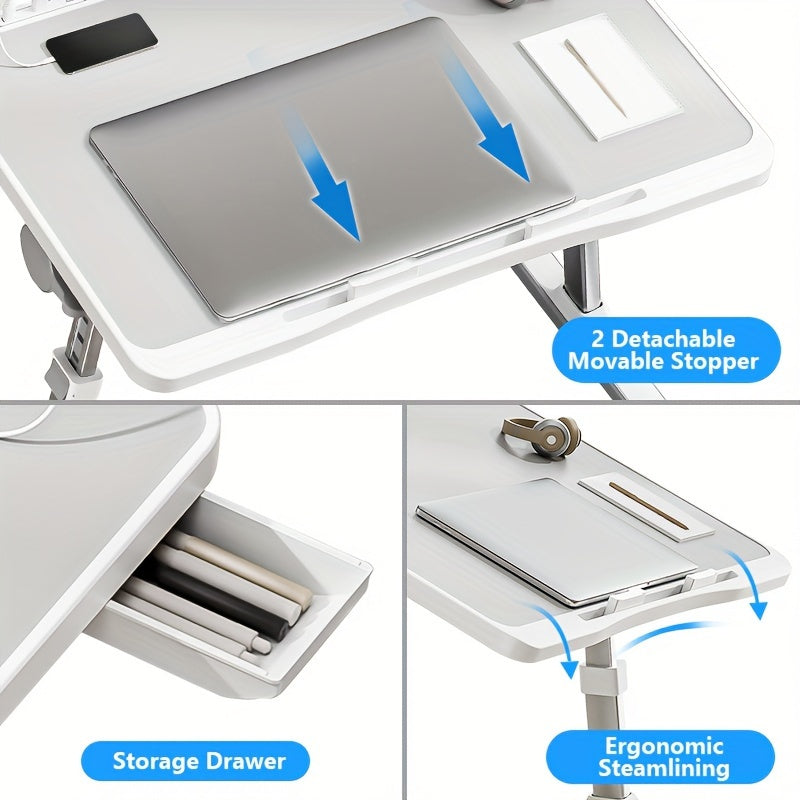 Table Laptop Pliable Lit Hauteur Ajustable - Bureau Ergonomique Tiroir Rangement