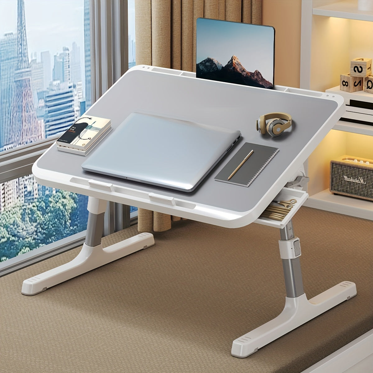 Table Laptop Pliable Lit Hauteur Ajustable - Bureau Ergonomique Tiroir Rangement