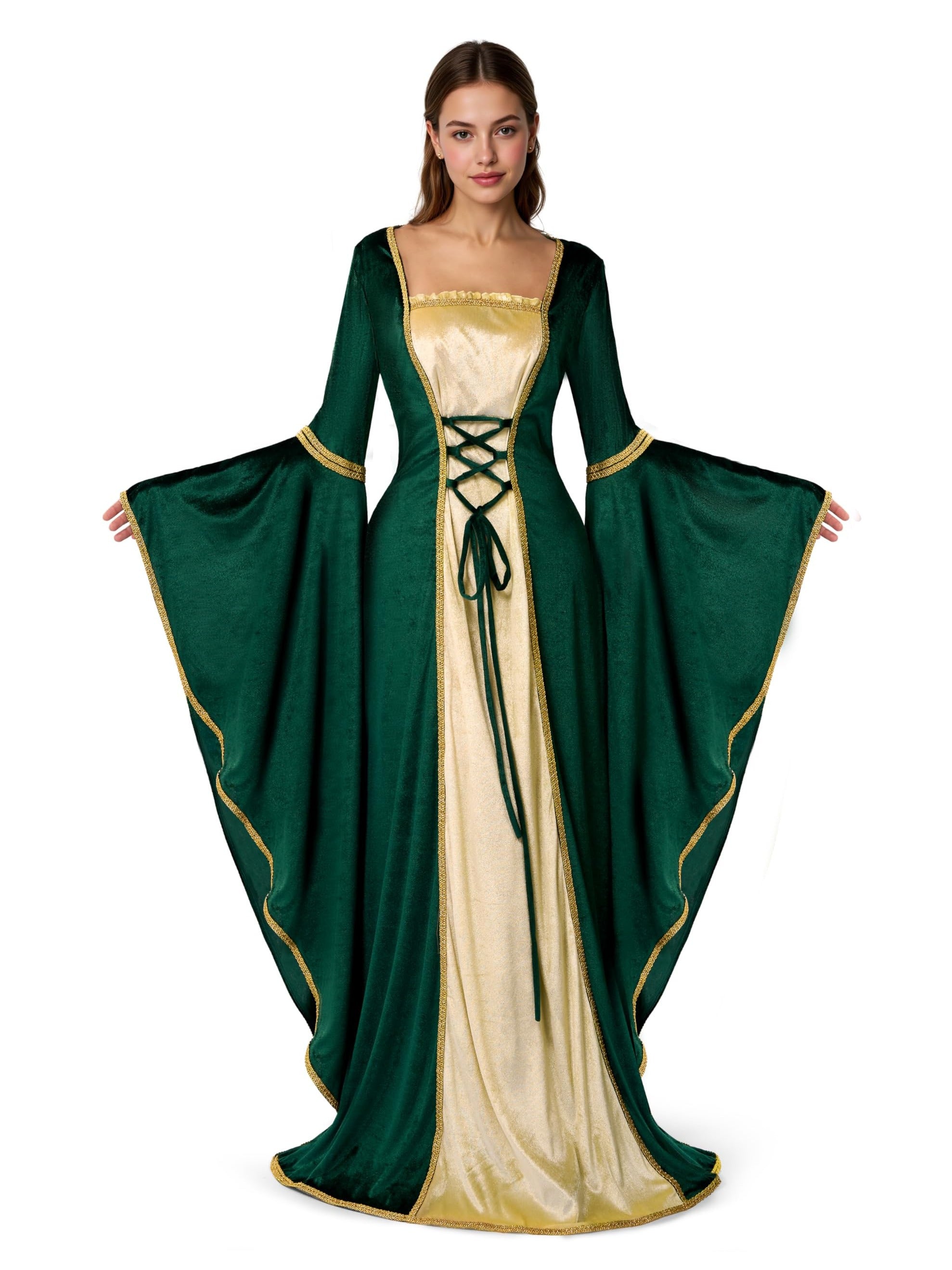 Robe Renaissance Irlandaise Verte - Costume Médiéval Encolure Carrée