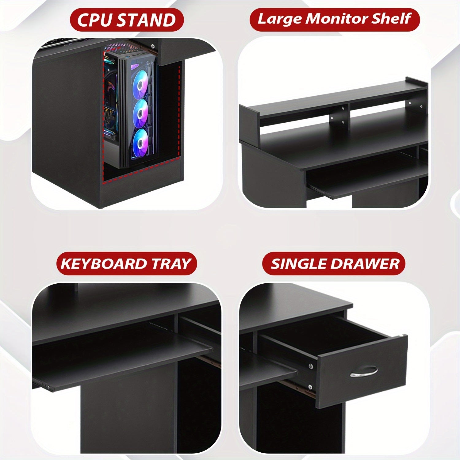 Bureau Ordinateur 43'' avec Tiroirs Plateau Clavier - Rangement Étagères Maison