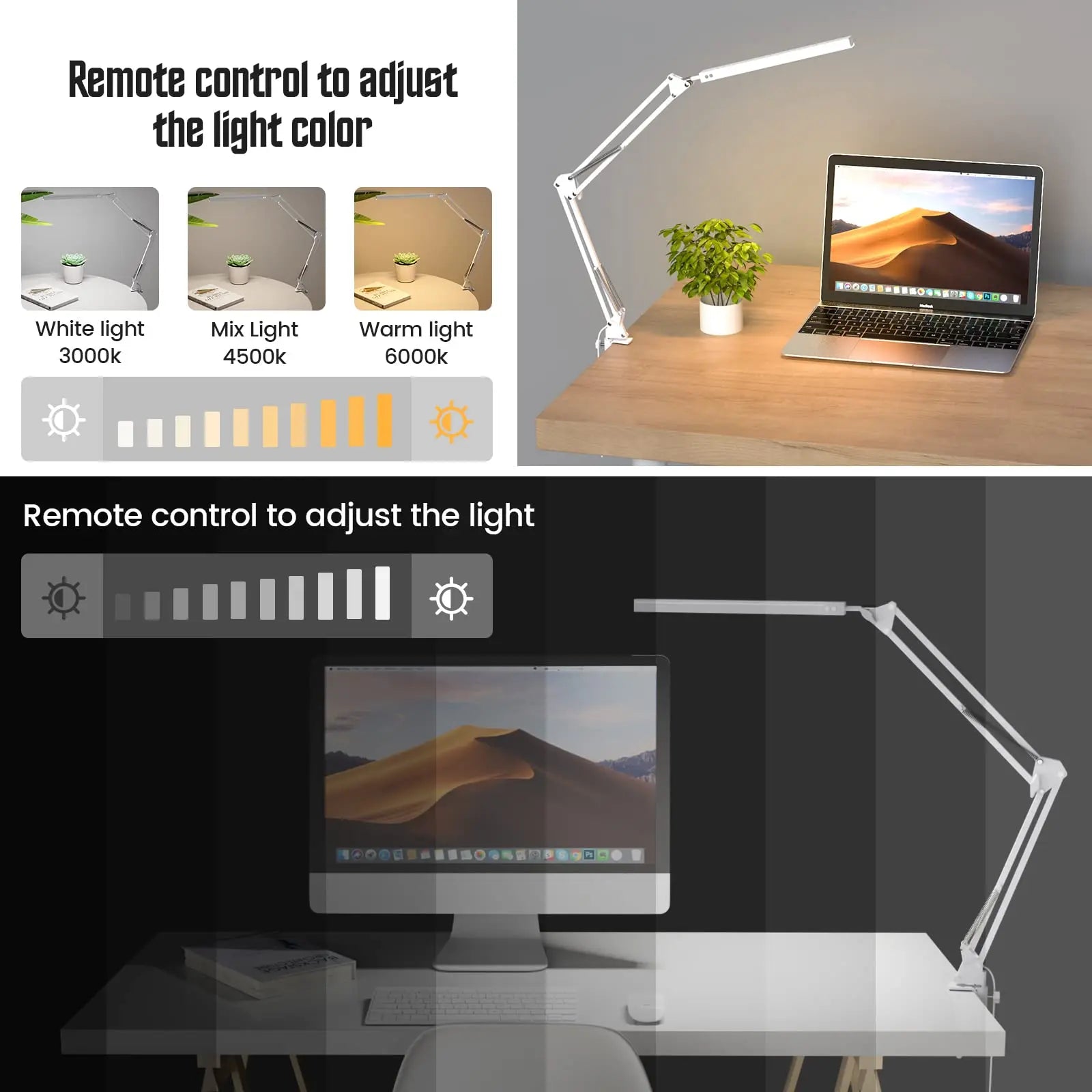 Lampe Bureau LED Bras Long Pince - 3 Modes Couleur Gradable Protection Yeux