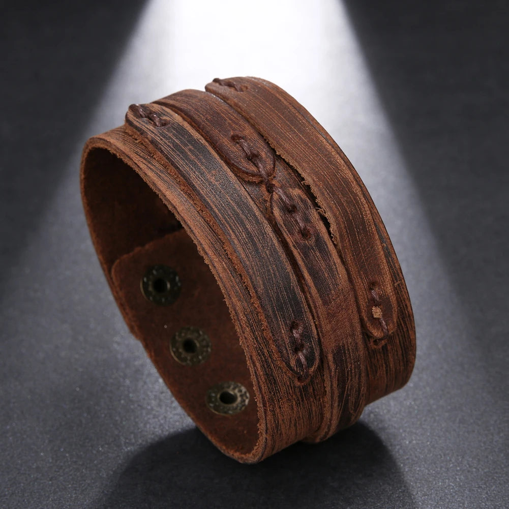 Bracelet Cuir Véritable Vintage Tressé Main - Manchette Large Homme Personnalisé