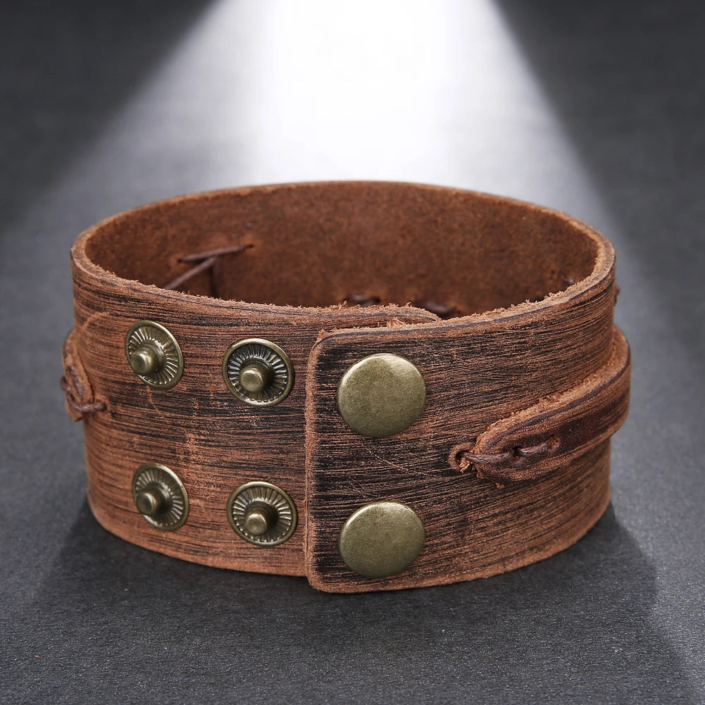 Bracelet Cuir Véritable Vintage Tressé Main - Manchette Large Homme Personnalisé