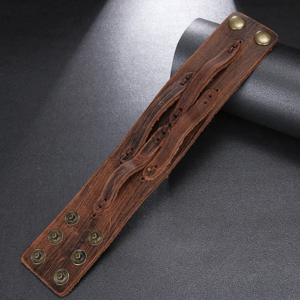 Bracelet Cuir Véritable Vintage Tressé Main - Manchette Large Homme Personnalisé