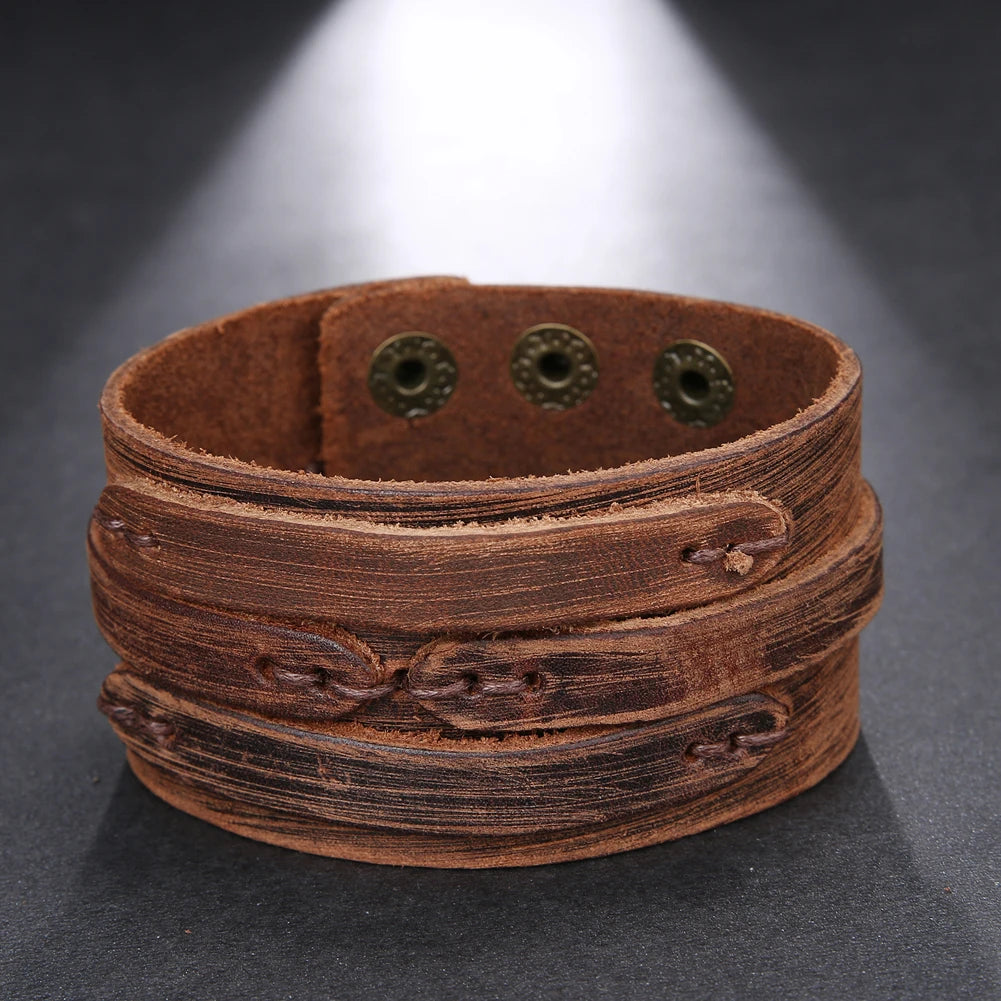 Bracelet Cuir Véritable Vintage Tressé Main - Manchette Large Homme Personnalisé