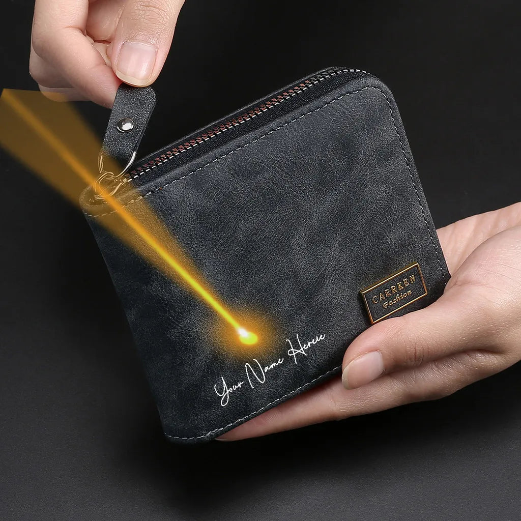 Portefeuille Homme Gravé Nom Zipper Court - Porte-Monnaie Cartes Fête Pères