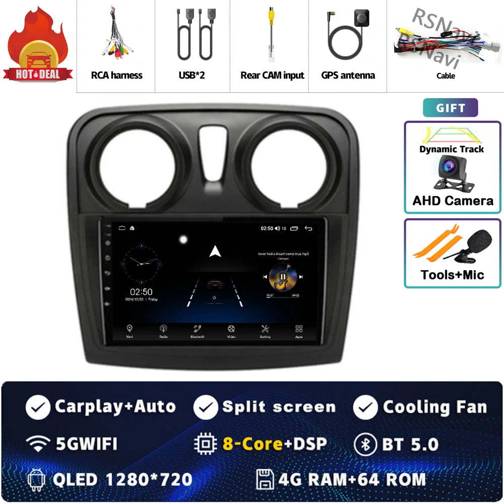 Radio Auto Android 15 Renault Sandero Logan 2 2014-2019 - 2K QLED CarPlay GPS