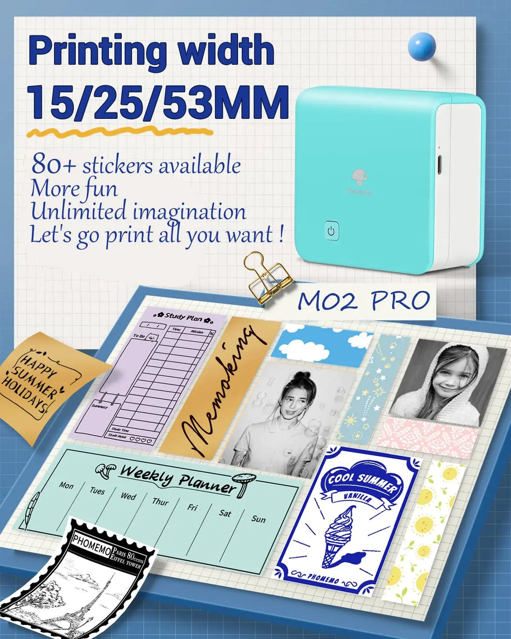 Imprimante Thermique Phomemo M02Pro Mini Portable Sans Fil 300dpi - Étiquettes 15-53mm