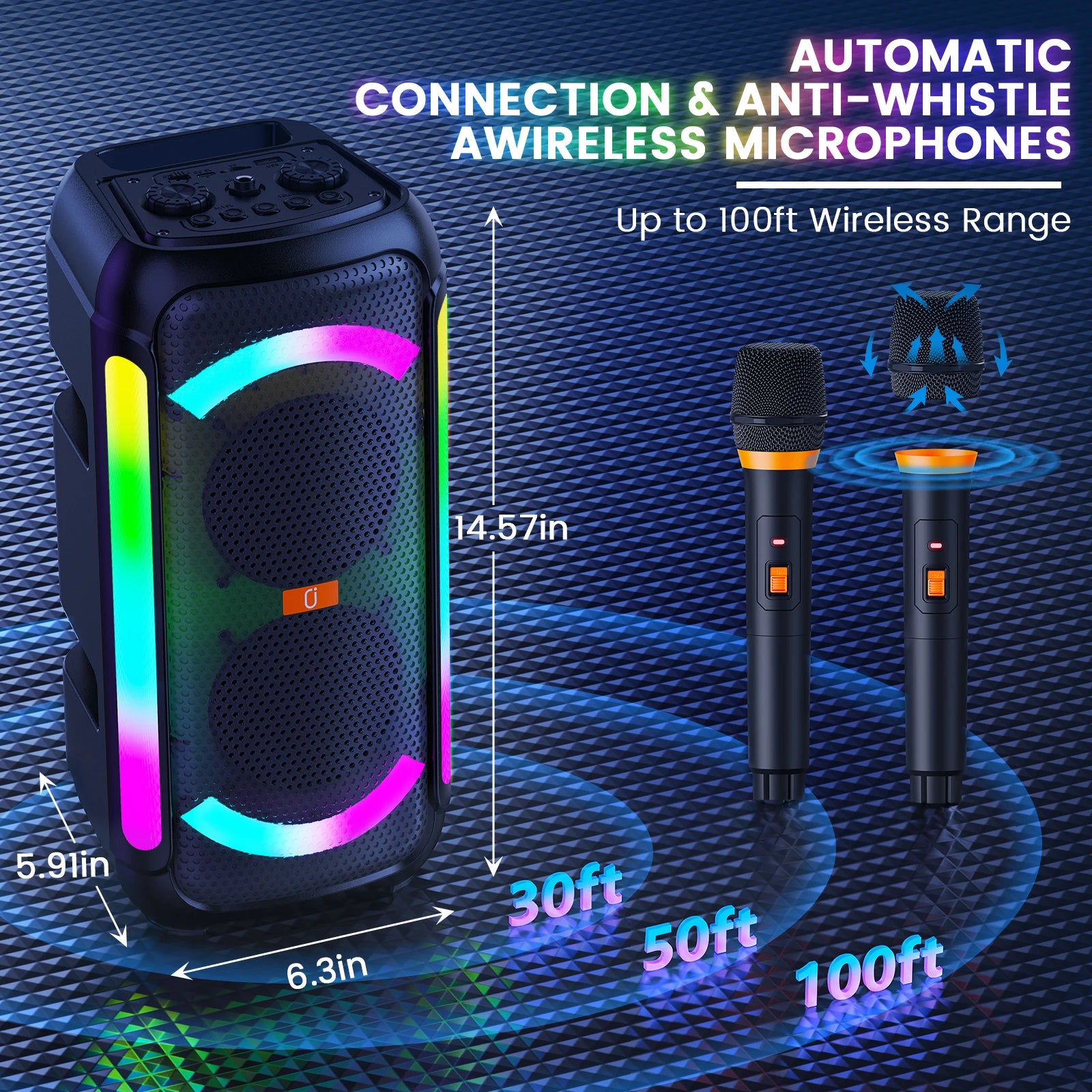 Haut-Parleur Karaoke 2 Micros Sans Fil - Lumières DJ Basses Puissantes