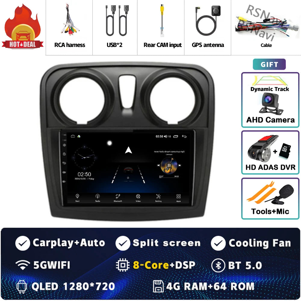 Radio Auto Android 15 Renault Sandero Logan 2 2014-2019 - 2K QLED CarPlay GPS