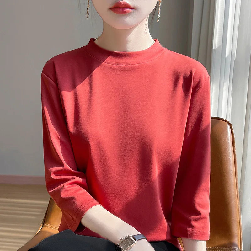 T-Shirt Femme Coton 100% Col Semi-Montant Manches Courtes - Loose Été Automne