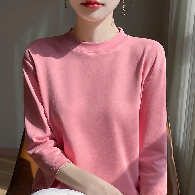 T-Shirt Femme Coton 100% Col Semi-Montant Manches Courtes - Loose Été Automne