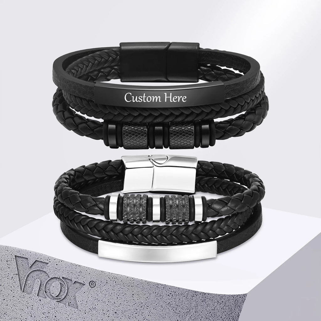 Bracelet Cuir Tressé Personnalisé Homme - Triple Tissage PU Gravure Nom Texte