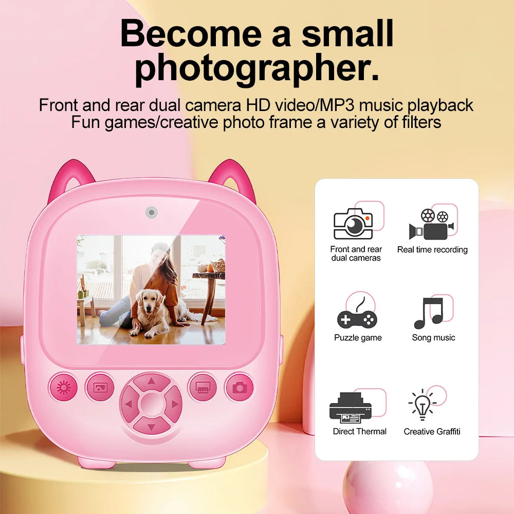 Instant Print Digital Camera - Mini Portable Photo Printer with Cute Cartoon Design, Instant Black & White Printing