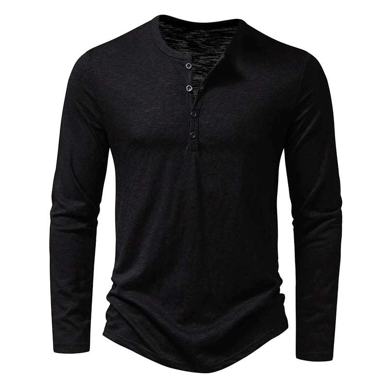 T-Shirt Henley Homme Coton Manches Longues - Col Boutonné Casual Respirant