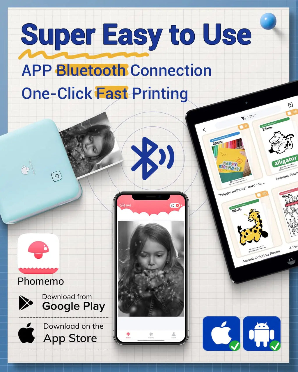 Imprimante Thermique Phomemo M02Pro Mini Portable Sans Fil 300dpi - Étiquettes 15-53mm