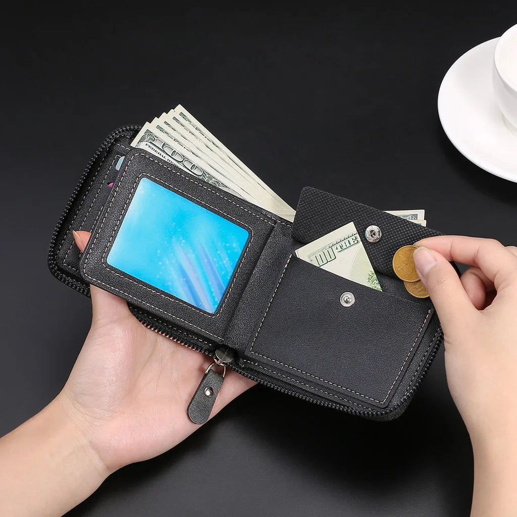 Portefeuille Homme Gravé Nom Zipper Court - Porte-Monnaie Cartes Fête Pères