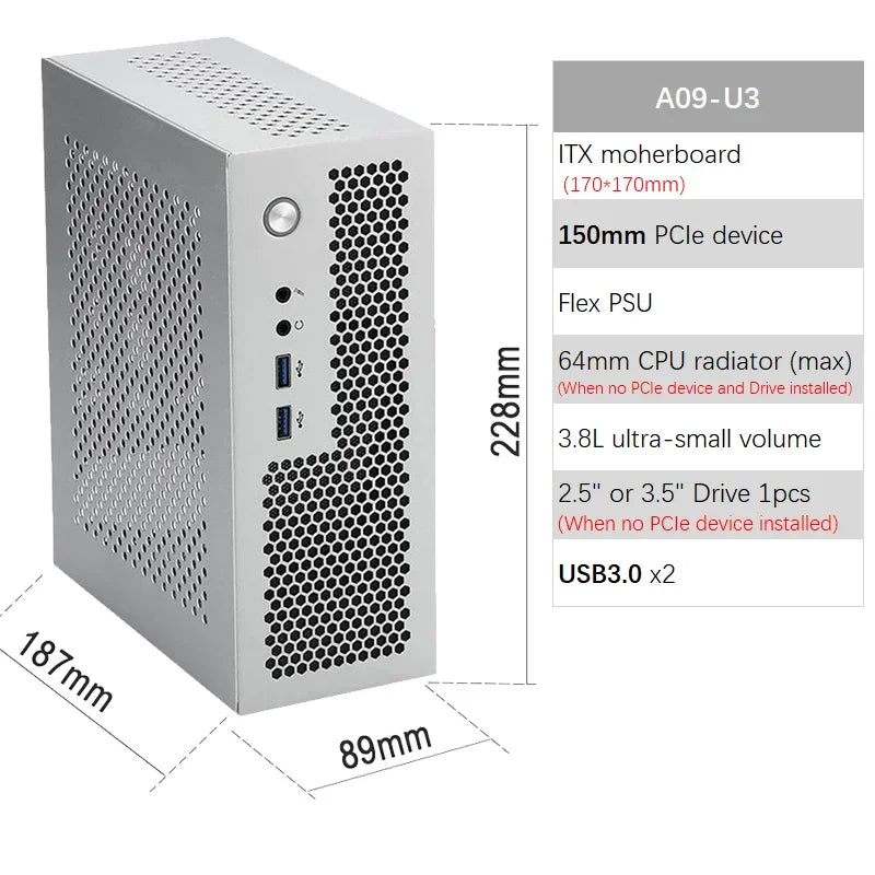 Boîtier ITX A09 3.8L Mini PC HTPC - Support PCIe SSD 2.5'' Portable
