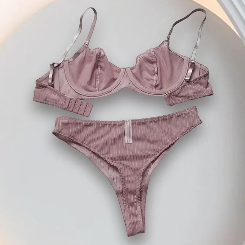 Ensemble Lingerie Sexy Femme - Soutien-Gorge et Culotte en Dentelle Transparente