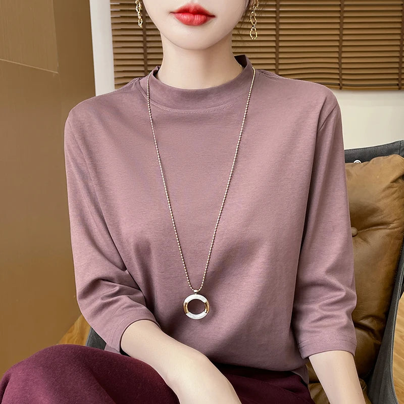 T-Shirt Femme Coton 100% Col Semi-Montant Manches Courtes - Loose Été Automne