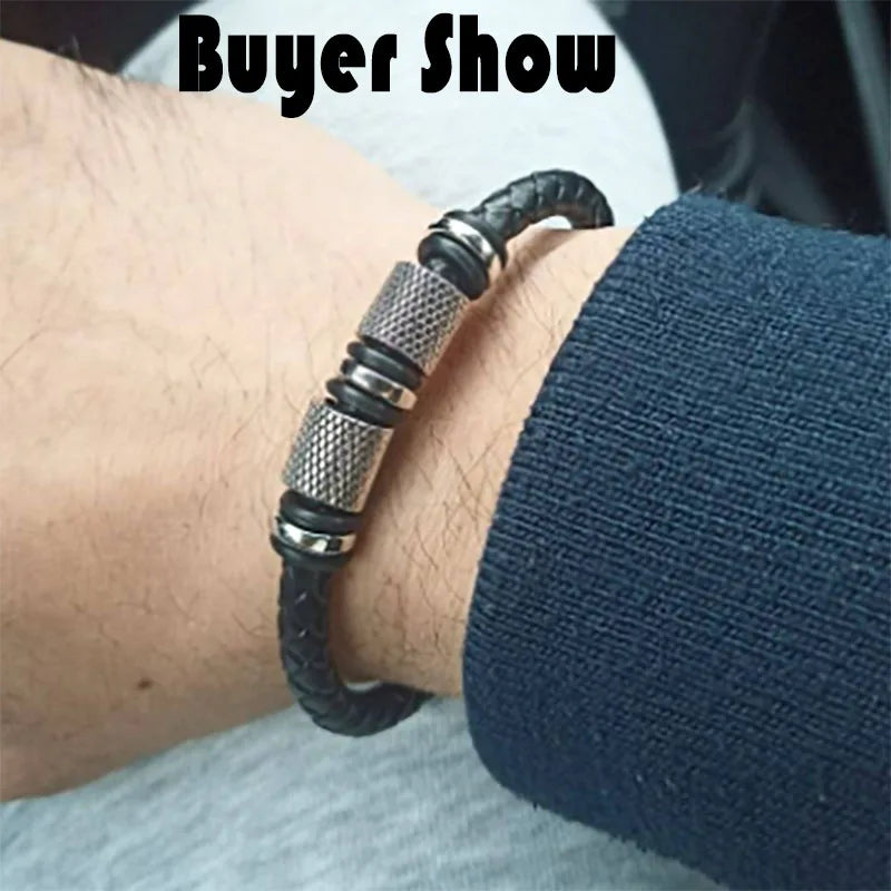 Bracelet Cuir Homme Magnétique Véritable - Jonc Punk Câble Cadeau