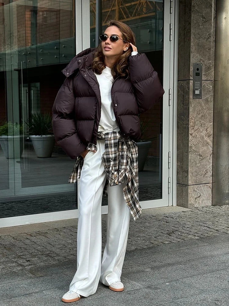 Veste Courte Femme Coton Capuche Marron - Col Montant Manches Longues Automne Hiver