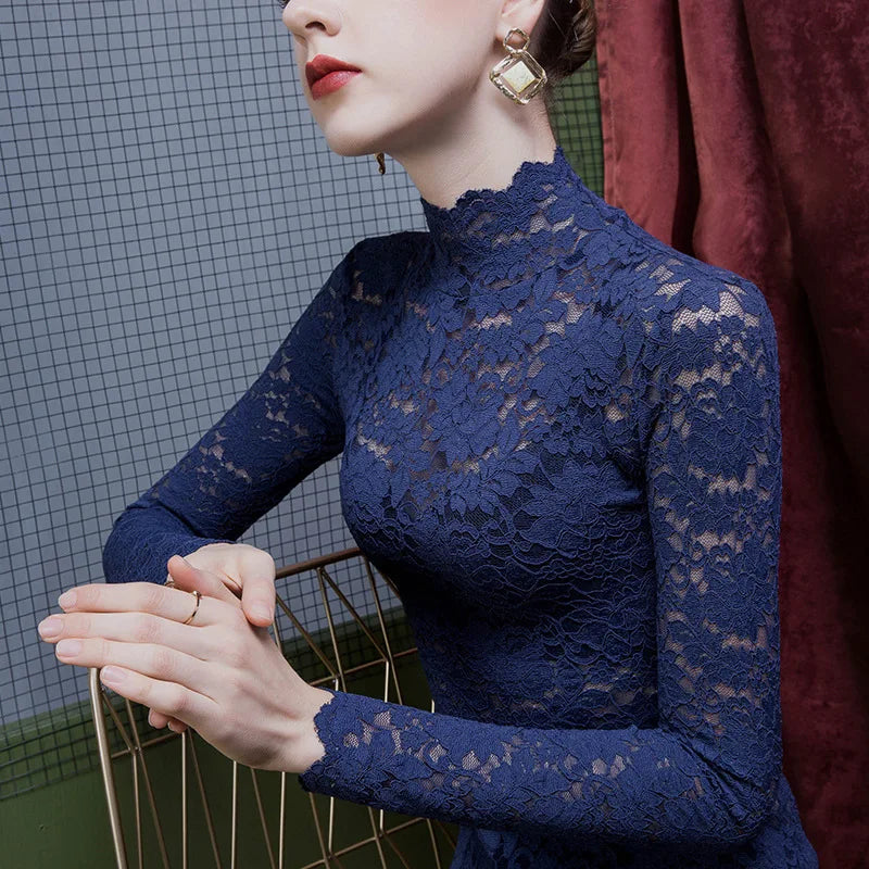 Chemisier Dentelle Col Montant Femme - Transparent Sexy Manches Longues Hiver