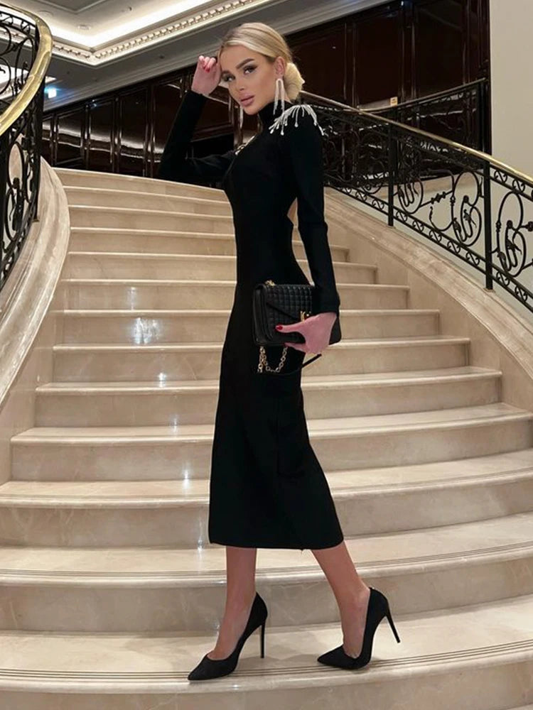 Robe Maxi Femme Ajourée Dos Nu Col Montant - Bodycon Élégante Fendue Soirée