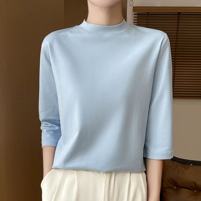 T-Shirt Femme Coton 100% Col Semi-Montant Manches Courtes - Loose Été Automne