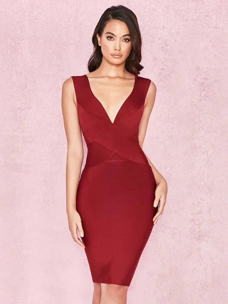 Robe Bandage Rouge Vin Col V"