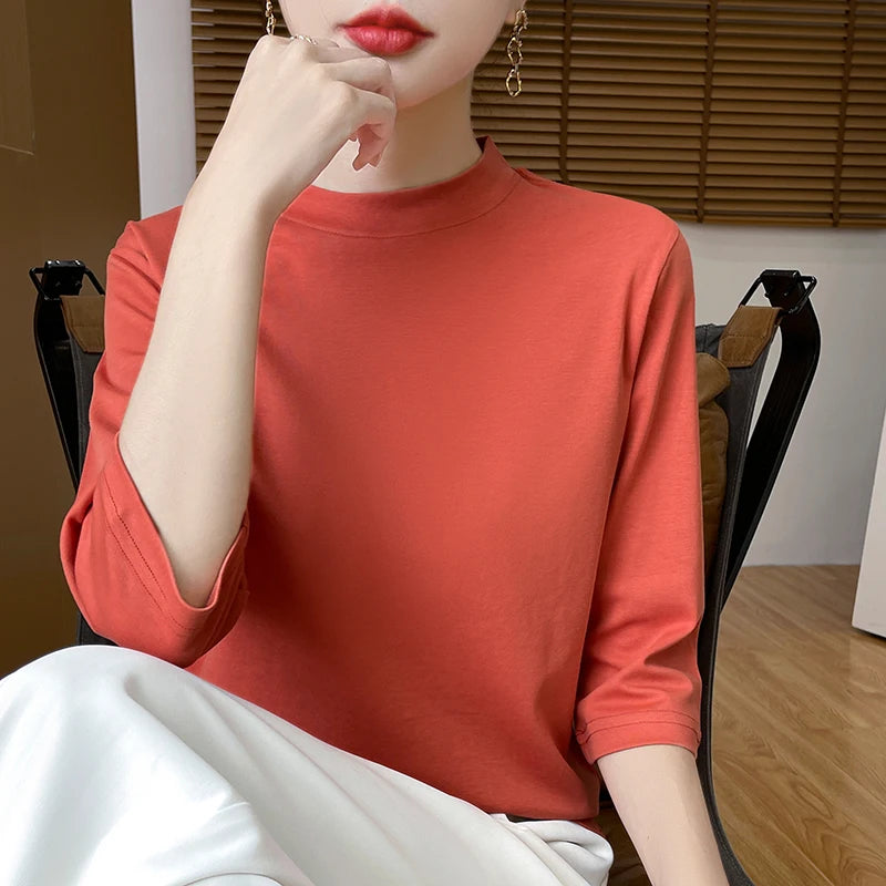 T-Shirt Femme Coton 100% Col Semi-Montant Manches Courtes - Loose Été Automne