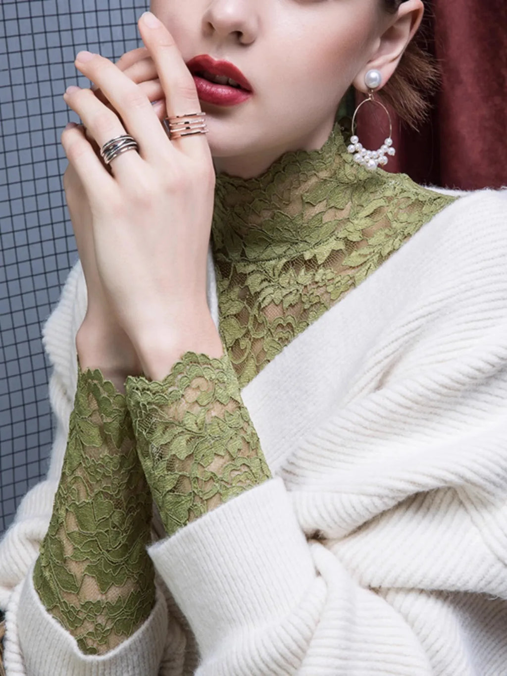 Chemisier Dentelle Col Montant Femme - Transparent Sexy Manches Longues Hiver