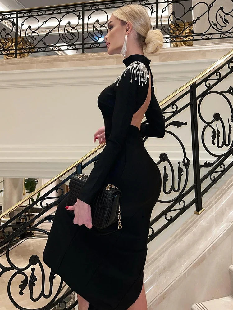 Robe Maxi Femme Ajourée Dos Nu Col Montant - Bodycon Élégante Fendue Soirée