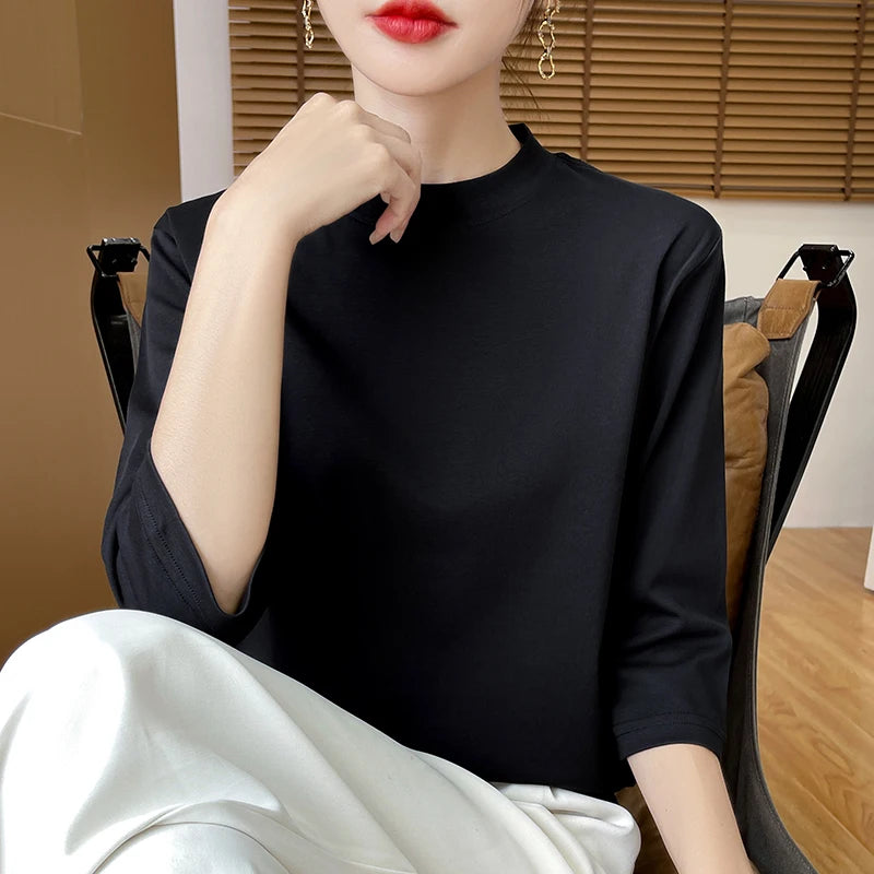 T-Shirt Femme Coton 100% Col Semi-Montant Manches Courtes - Loose Été Automne