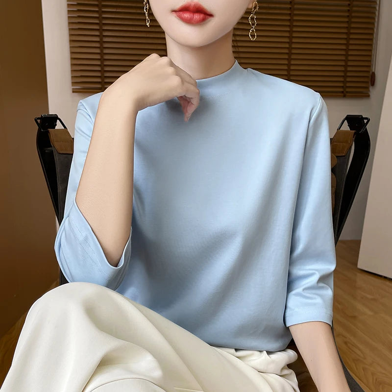 T-Shirt Femme Coton 100% Col Semi-Montant Manches Courtes - Loose Été Automne