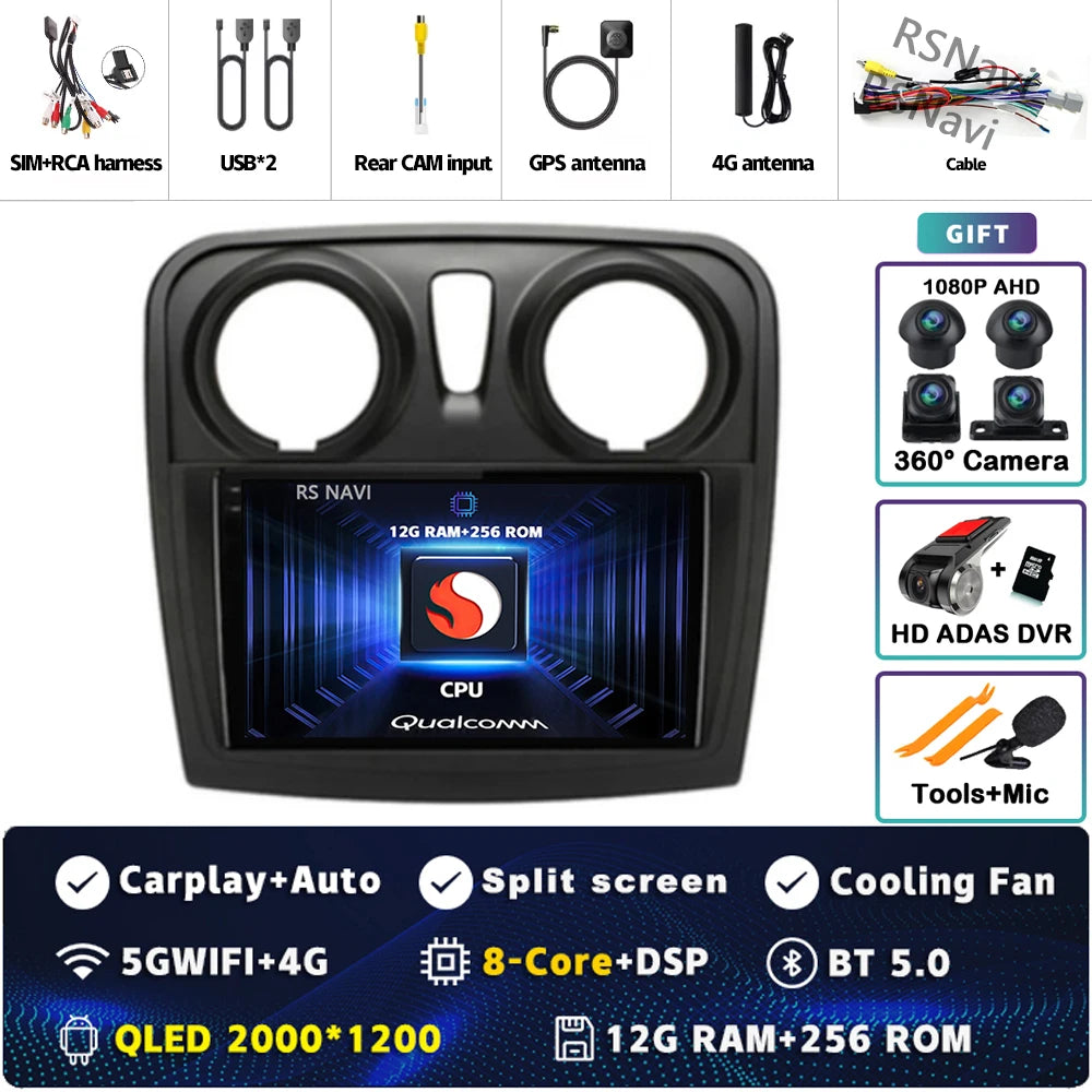 Radio Auto Android 15 Renault Sandero Logan 2 2014-2019 - 2K QLED CarPlay GPS