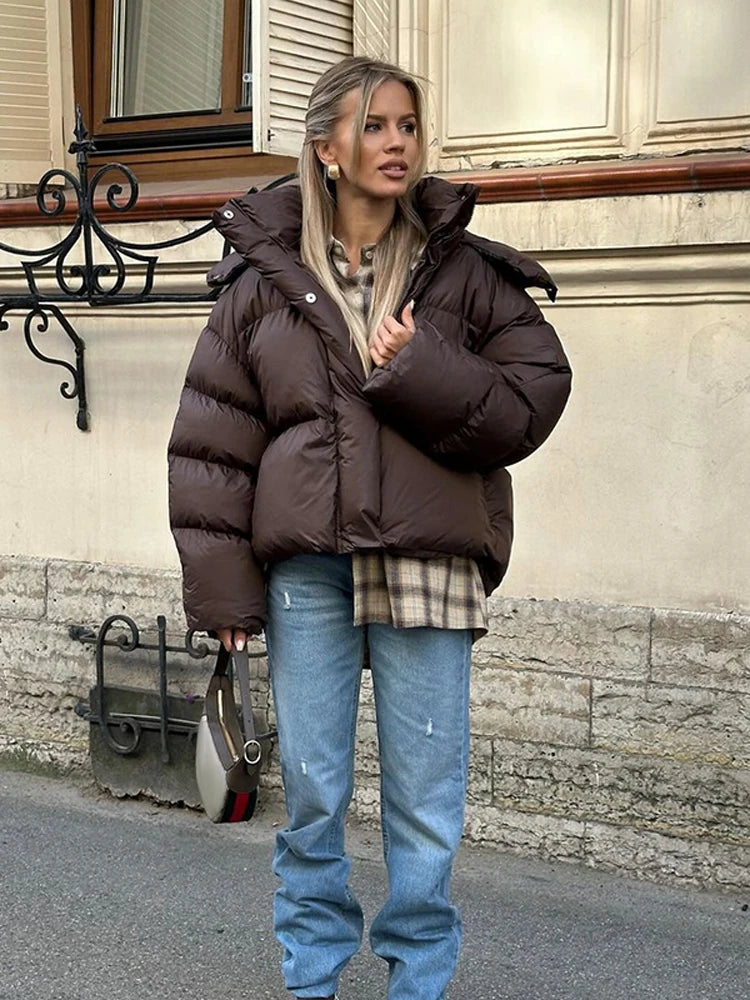 Veste Courte Femme Coton Capuche Marron - Col Montant Manches Longues Automne Hiver