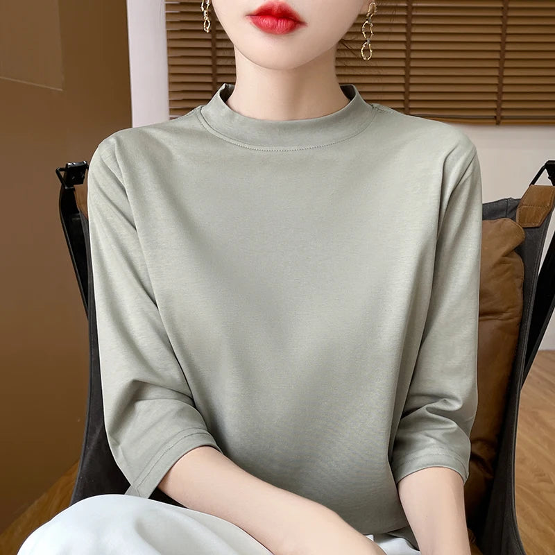 T-Shirt Femme Coton 100% Col Semi-Montant Manches Courtes - Loose Été Automne