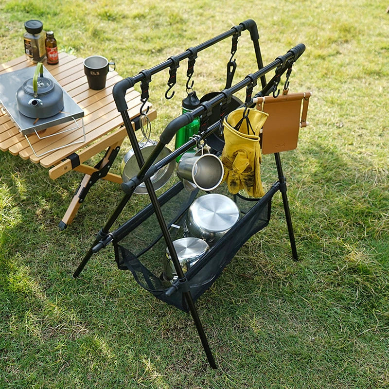 Étagère Camping Pliable Trépied Multifonction - Rangement Vaisselle Filet Séchage