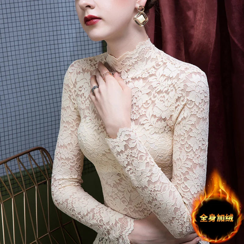 Chemisier Dentelle Col Montant Femme - Transparent Sexy Manches Longues Hiver