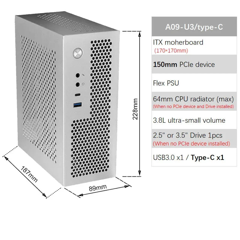 Boîtier ITX A09 3.8L Mini PC HTPC - Support PCIe SSD 2.5'' Portable