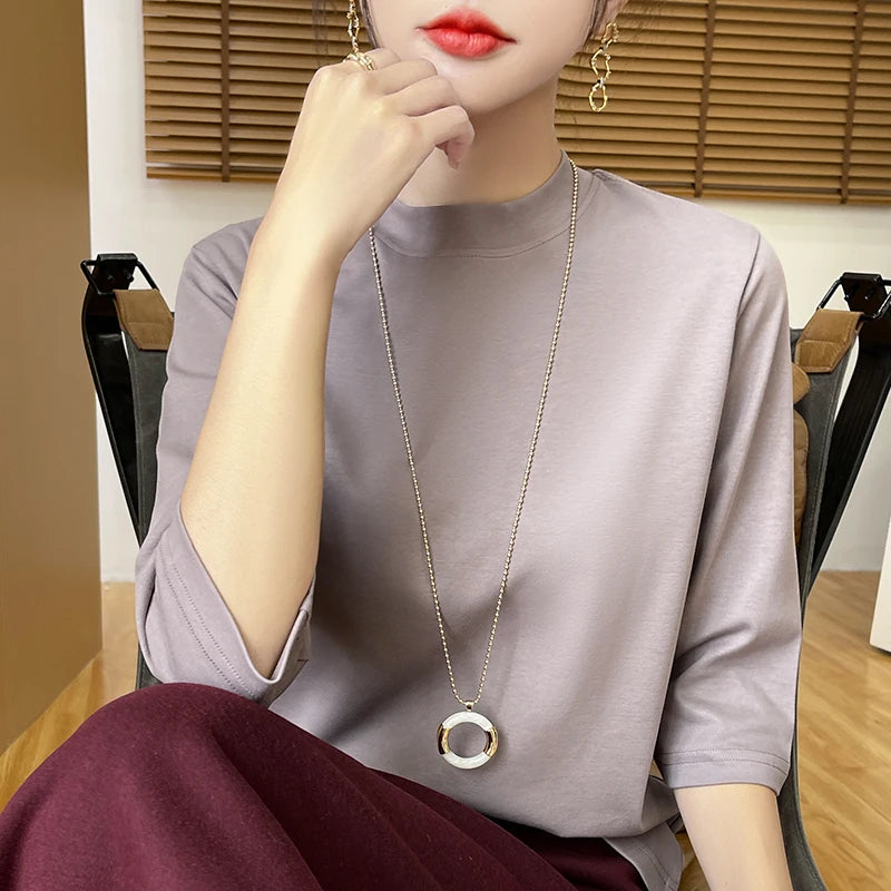 T-Shirt Femme Coton 100% Col Semi-Montant Manches Courtes - Loose Été Automne