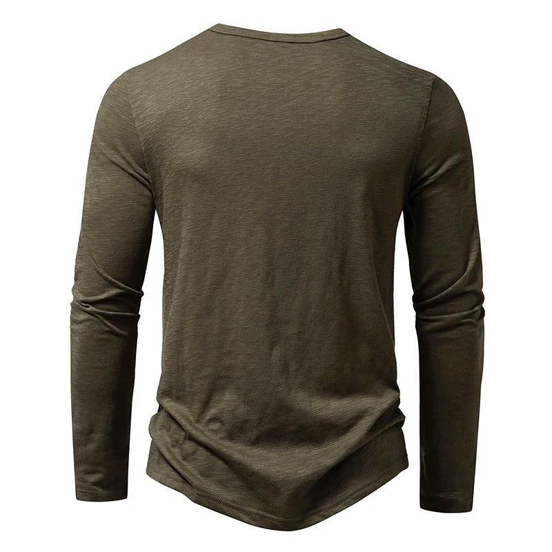 T-Shirt Henley Homme Coton Manches Longues - Col Boutonné Casual Respirant