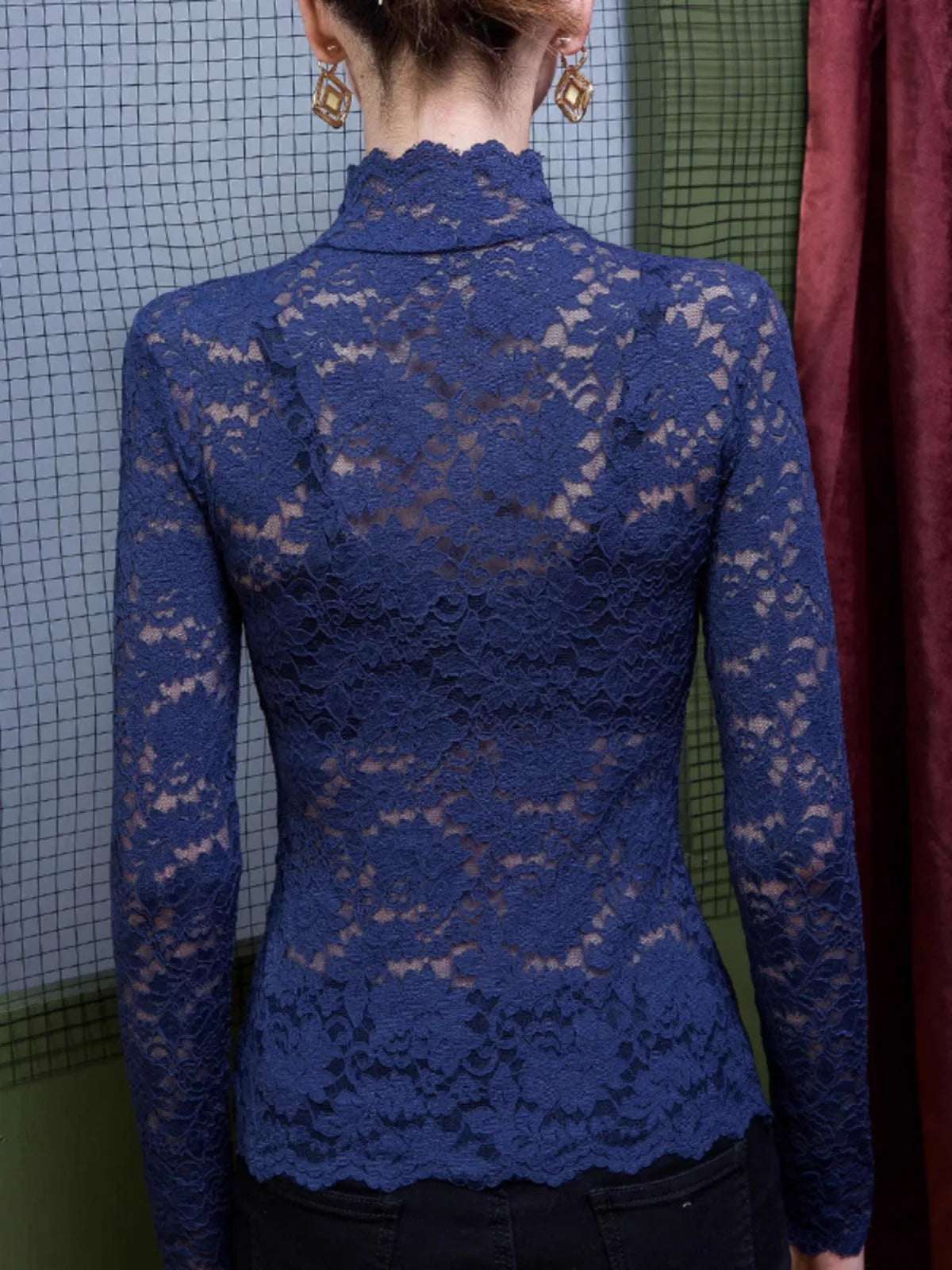 Chemisier Dentelle Col Montant Femme - Transparent Sexy Manches Longues Hiver