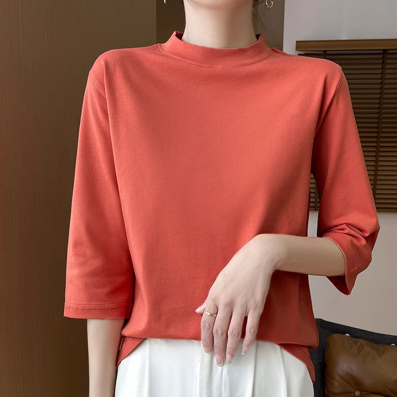 T-Shirt Femme Coton 100% Col Semi-Montant Manches Courtes - Loose Été Automne