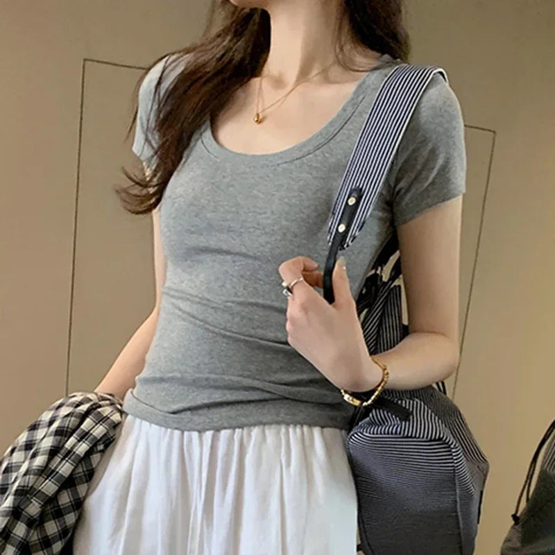 T-Shirt Femme Coton 2025 Col Rond Manches Courtes - Basique Slim Y2K