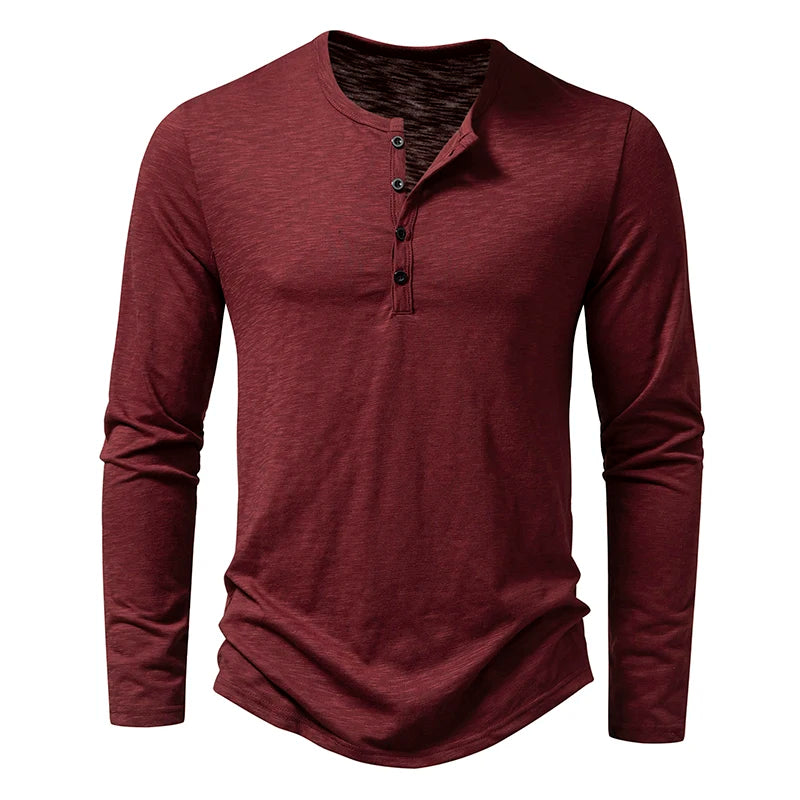 T-Shirt Henley Homme Coton Manches Longues - Col Boutonné Casual Respirant
