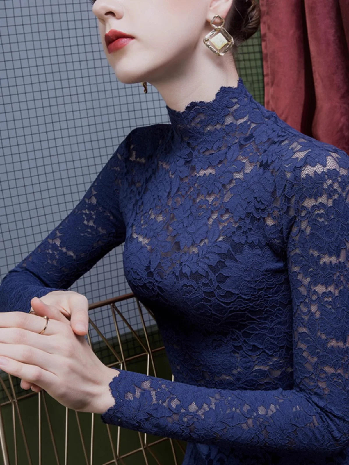 Chemisier Dentelle Col Montant Femme - Transparent Sexy Manches Longues Hiver